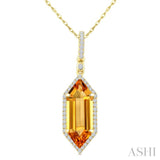 16X6 MM Evoque Gemstone Hexagon Shape Citrine and 1/5 Ctw Round Cut Diamond Semi-Precious Pendant With Chain in 10K Yellow Gold