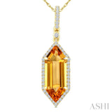 16X6 MM Evoque Gemstone Hexagon Shape Citrine and 1/5 Ctw Round Cut Diamond Semi-Precious Pendant With Chain in 10K Yellow Gold