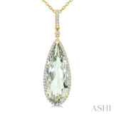 22X8 MM Evoque Gemstone Pear Shape Green Amethyst and 1/4 Ctw Round Cut Diamond Semi-Precious Pendant With Chain in 14K Yellow Gold