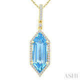 16X6 MM Evoque Gemstones Hexagon Shape Blue Topaz and 1/5 Ctw Round Cut Diamond Semi-Precious Pendant With Chain in 10K Yellow Gold