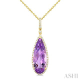 22X8 MM Evoque Gemstones Pear Shape Amethyst and 1/4 Ctw Round Cut Diamond Semi-Precious Pendant With Chain in 14K Yellow Gold