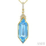 22X8 MM Evoque Gemstones Hexagon Shape Blue Topaz and 1/10 Ctw Round Cut Diamond Semi-Precious Pendant With Chain in 14K Yellow Gold