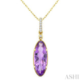 16X6 MM Evoque Gemstones Oval Shape Amethyst and 1/20 Ctw Round Cut Diamond Semi-Precious Pendant With Chain in 10K Yellow Gold