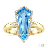 16X7 MM Evoque Gemstones Shield Shape Blue Topaz and 1/6 Ctw Round Cut Diamond Semi-Precious Ring in 10K Yellow Gold