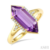 16X6 MM Evoque Gemstones Hexagon Shape Amethyst and 1/10 Ctw Round Cut Diamond Semi-Precious Ring in 10K Yellow Gold