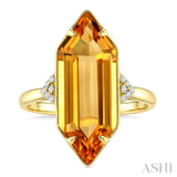 22X8 MM Evoque Gemstone Hexagon Shape Citrine and 1/20 Ctw Round Cut Diamond Semi-Precious Ring in 14K Yellow Gold