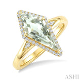16X7 MM Evoque Gemstone Kite Shape Green Amethyst and 1/6 Ctw Round Cut Diamond Semi-Precious Ring in 10K Yellow Gold