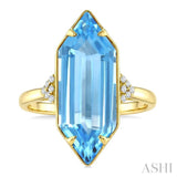 22X8 MM Evoque Gemstones Hexagon Shape Blue Topaz and 1/20 Ctw Round Cut Diamond Semi-Precious Ring in 14K Yellow Gold
