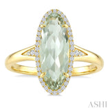 16X6 MM Evoque Gemstone Oval Shape Green Amethyst and 1/6 Ctw Round Cut Diamond Semi-Precious Ring in 10K Yellow Gold