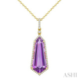22X9 MM Evoque Gemstones Shield Shape Amethyst and 1/4 Ctw Round Cut Diamond Semi-Precious Pendant With Chain in 14K Yellow Gold