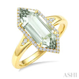16X6 MM Evoque Gemstone Hexagon Shape Green Amethyst and 1/5 Ctw Round Cut Diamond Semi-Precious Ring in 10K Yellow Gold