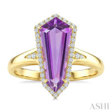 16X7 MM Evoque Gemstones Shield Shape Amethyst and 1/6 Ctw Round Cut Diamond Semi-Precious Ring in 10K Yellow Gold