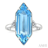 22X8 MM Evoque Gemstones Hexagon Shape Blue Topaz and 1/20 Ctw Round Cut Diamond Semi-Precious Ring in 14K White Gold