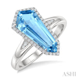 16X7 MM Evoque Gemstones Shield Shape Blue Topaz and 1/6 Ctw Round Cut Diamond Semi-Precious Ring in 10K White Gold