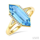 16X6 MM Evoque Gemstones Hexagon Shape Blue Topaz and 1/10 Ctw Round Cut Diamond Semi-Precious Ring in 10K Yellow Gold