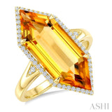 22X8 MM Evoque Gemstone Hexagon Shape Citrine and 1/4 Ctw Round Cut Diamond Semi-Precious Ring in 14K Yellow Gold