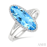 16X6 MM Evoque Gemstones Oval Shape Blue Topaz and 1/6 Ctw Round Cut Diamond Semi-Precious Ring in 10K White Gold