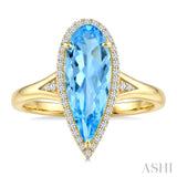 16X6 MM Evoque Gemstones Pear Shape Blue Topaz and 1/6 Ctw Round Cut Diamond Semi-Precious Ring in 10K Yellow Gold