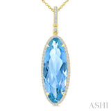 22X8 MM Evoque Gemstones Oval Shape Blue Topaz and 1/4 Ctw Round Cut Diamond Semi-Precious Pendant With Chain in 14K Yellow Gold