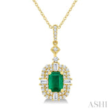 7x5 MM Octagon Shape Emerald, 1/2 Ctw Baguette and Round Cut Diamond Halo Precious Pendant With Chain in 14K Yellow Gold