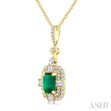 7x5 MM Octagon Shape Emerald, 1/2 Ctw Baguette and Round Cut Diamond Halo Precious Pendant With Chain in 14K Yellow Gold