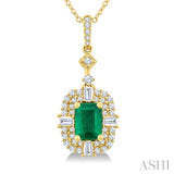 7x5 MM Octagon Shape Emerald, 1/2 Ctw Baguette and Round Cut Diamond Halo Precious Pendant With Chain in 14K Yellow Gold