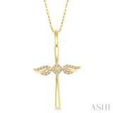 1/10 Ctw Angel Wing Round Cut Diamond Cross Petite Pendant With Chain in 10K Yellow Gold