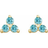 14K Yellow Gold Natural Blue Zircon Three Stone Earrings