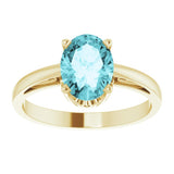 14K Yellow Gold Natural Blue Zircon Solitaire Scroll Setting® Ring