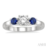 3.50 MM Round Shape Sapphire and 3/8 Ctw Past Present and Future Round Cut Diamond Precious Ring in 14K White Gold