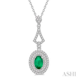 6X4 MM Oval Shape Emerald and 1/5 Ctw Round Cut Diamond Precious Pendant With Chain in 14K White Gold