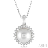 8x8 MM Round Shape Cultured Pearl and 1/5 Ctw Round Cut Diamond Pendant in 14K White Gold with Chain