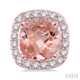 6x6 MM Cushion Shape Morganite and 1/4 Ctw Round Cut Diamond Earrings in 14K Rose Gold