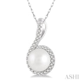 7x7 MM Round Shape Center Cultured Pearl and 1/10 Ctw Round Cut Diamond Pendant With Chain in 10K White Gold