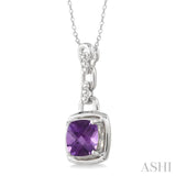 8x8 MM Cushion Checker Amethyst and 1/20 Ctw Single Cut Diamond Pendant in Sterling Silver with Chain