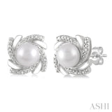 6x6 MM Round Shape Cultured Pearls and 1/50 Ctw Swirl Round Cut Diamond Earrings in Sterling Silver