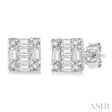 1/6 Ctw Square Shape Baguette and Round Cut Diamond Petite Fashion Earrings in 14K White Gold.