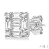 1/6 Ctw Square Shape Baguette and Round Cut Diamond Petite Fashion Earrings in 14K White Gold.