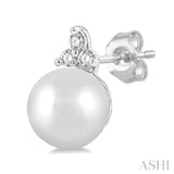 5.5 MM Round Cut Cultured Pearl and 1/20 Ctw Petite Round Cut Diamond Fashion Stud Earrings in 10K White Gold