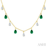 6X4 MM Pear Shape Emerald and 1 Ctw Pear Cut Diamond Precious Station Necklace in 14K Yellow Gold