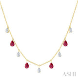 6X4 MM Pear Shape Ruby and 1 Ctw Pear Cut Diamond Precious Station Necklace in 14K Yellow Gold