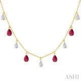6X4 MM Pear Shape Ruby and 1 Ctw Pear Cut Diamond Precious Station Necklace in 14K Yellow Gold