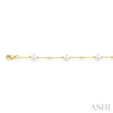 5 MM Round Shape Cultured Pearl and 1/6 Ctw Round Cut Diamond Fashion Station Bracelet in 14K Yellow Gold
