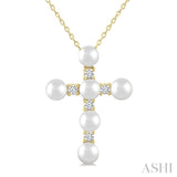 4 MM Cross Cultured Pearl and 1/6 Ctw Round Cut Diamond Fashion Pendant With Chain in 10K Yellow Gold
