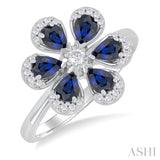 1/6 Ctw Floral Blossom 4X3 MM Pear Cut Sapphire and Round Cut Diamond Precious Fashion Ring in 14K White Gold