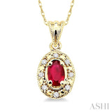 5x3 MM Oval Shape Ruby and 1/20 Ctw Round Cut Diamond Pendant in 10K Yellow Gold with Chain
