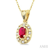 5x3 MM Oval Shape Ruby and 1/20 Ctw Round Cut Diamond Pendant in 10K Yellow Gold with Chain