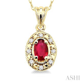 5x3 MM Oval Shape Ruby and 1/20 Ctw Round Cut Diamond Pendant in 10K Yellow Gold with Chain