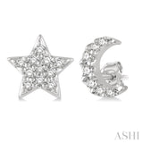1/10 Ctw Star & Crescent Mix Round Cut Diamond Petite Fashion Earrings in 10K White Gold