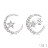 1/10 ctw Crescent Moon and Star Round Cut Petite Diamond Fashion Stud Earring in 10K White Gold